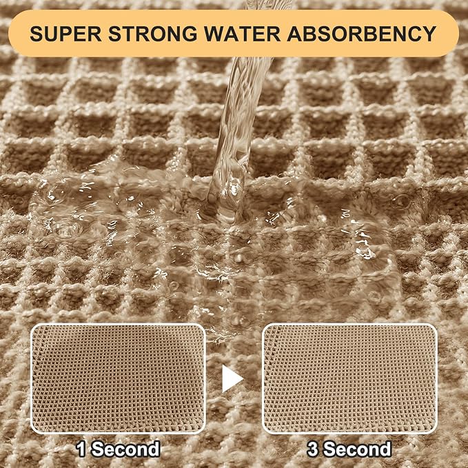 Upgrade Waffle Bath Mat Set 2 Piece , Boho Bathroom Rugs Absorbent Non Slip, Ultra Soft Bathroom Mat, Machine Washable Knit Bath Rugs with Tassels for Bathroom, Bedroom, Kitchen, Shower, Tub, Beige