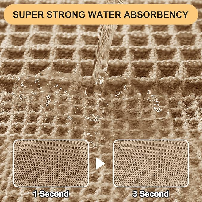 Upgrade Waffle Bath Mat Set 3 Piece, Boho Bathroom Rugs Absorbent Non Slip, Ultra Soft Bathroom Mat, Machine Washable Knit Bath Rugs with Tassels for Bathroom, Bedroom, Kitchen, Shower, Tub, Beige