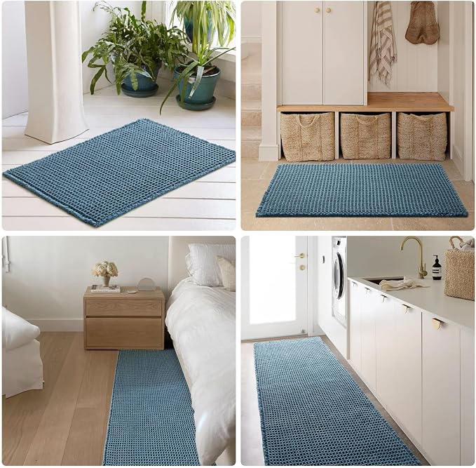 TYUU Waffle Runner Rug Bathroom, Long Boho Bathroom Rugs Non Slip Washable Super Absorbent Quick Dry Farmhouse Bath Decor, 60"x24" Denim Blue