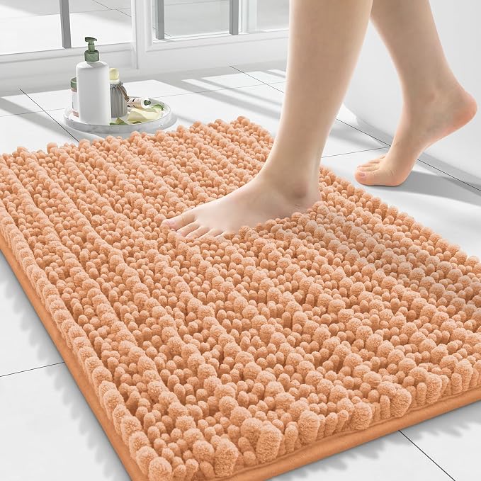 Smiry Bathroom Rugs Mat 24x16, Extra Soft Absorbent Chenille Bath Rugs, Non Slip Rubber Backing Machine Washable Quick Dry Bath Mats for Bathroom Floor, Tub, Shower, Home Decor Accessories, Peach