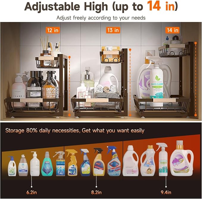 Sevenblue 2 Packs Under Sink Organizer, Height Adjustable 2 Tier Under Kitchen Sink Organizer, Multi-Purpose Storage Shelf for Kitchen Bathroom Cabinet (Brown, Extra Large)