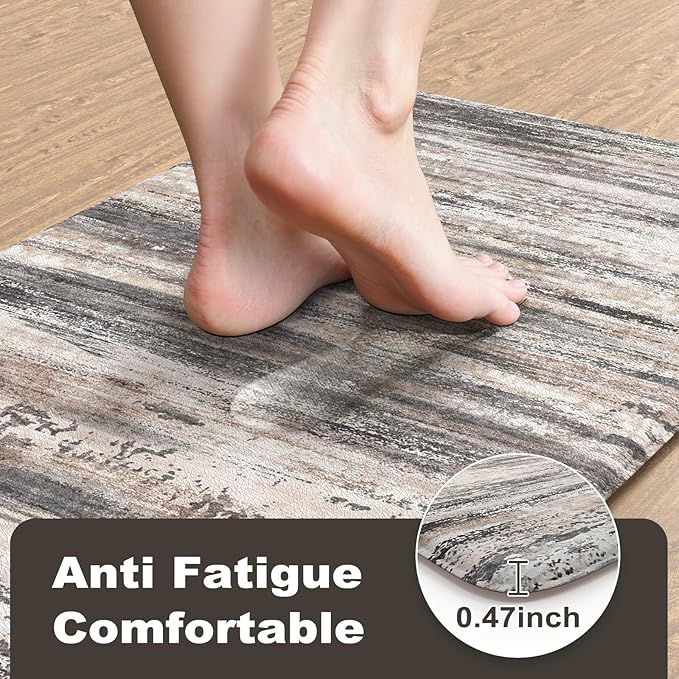 KIMODE Anti Fatigue Kitchen Mats for Floor 17"x47"+17"x29", Abstract Farmhouse Kitchen Rugs, Non Slip Waterproof Kitchen Floor Mats, Comfort Standing Mats for Laundry Office Sink Desk Black Grey
