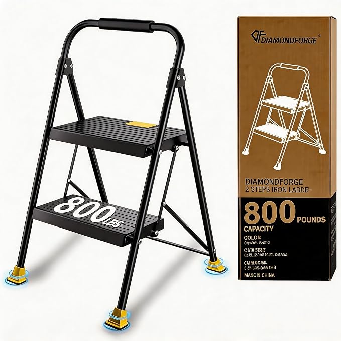 Foldable Stepstool Stair Ladders - 2-Stepping Extension Tall Heavy Duty with Handrails, 800Lbs for Home Adults Kitchen, Closet Indoor House Extendable Step Ladder Stool