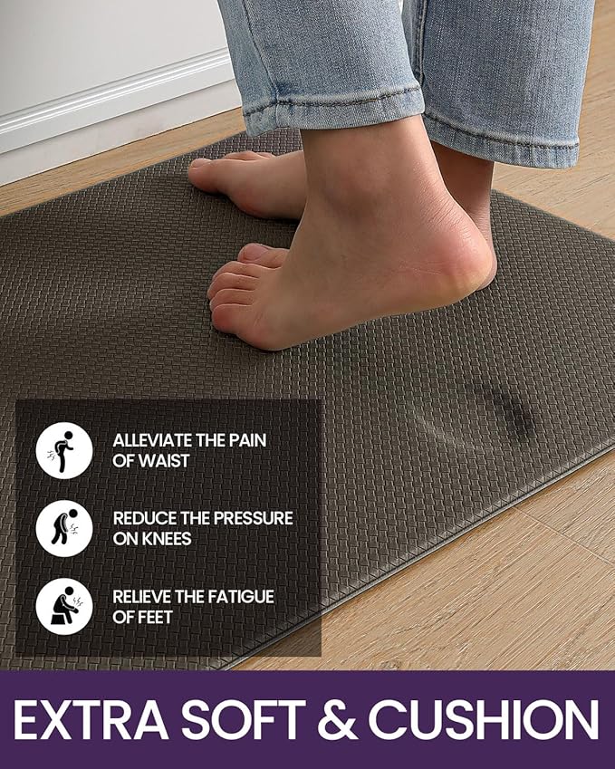 DEXI Kitchen Floor Mats Cushioned Anti Fatigue,17x29+17x59, Standing Runner Rug Waterproof, Comfort Memory Foam Padded for Front Sink Laundry Set of 2, Brown