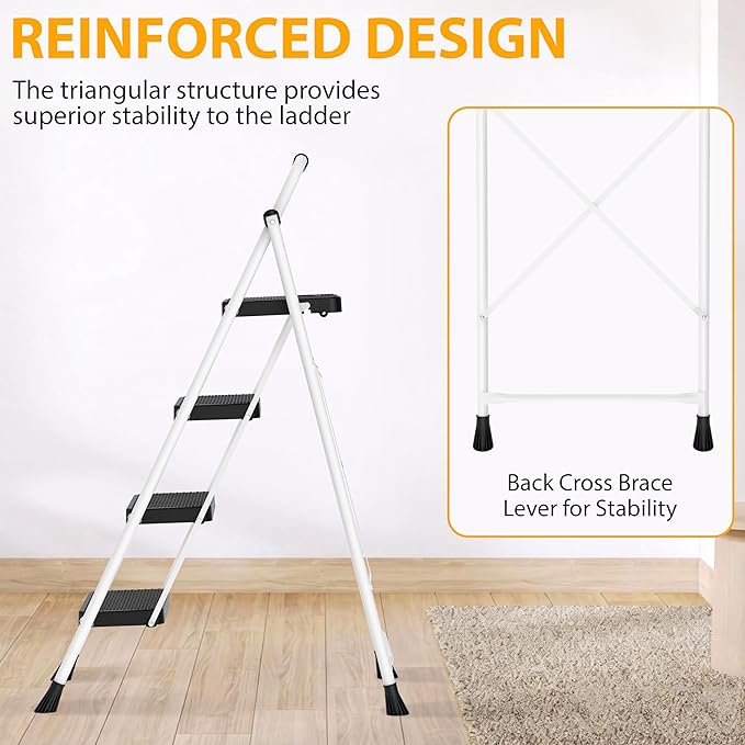 Step Ladder, Portable Steel Folding Step Stool with Wide Anti-Slip Pedal & Convenient Handgrip, Sturdy Steel Ladder, 4-Step, White