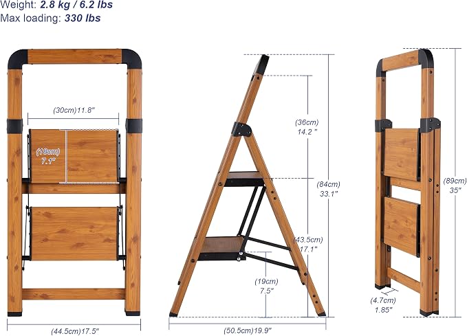 Step Ladder 2-Step Woodgrain Finish Aluminum Folding Ladders