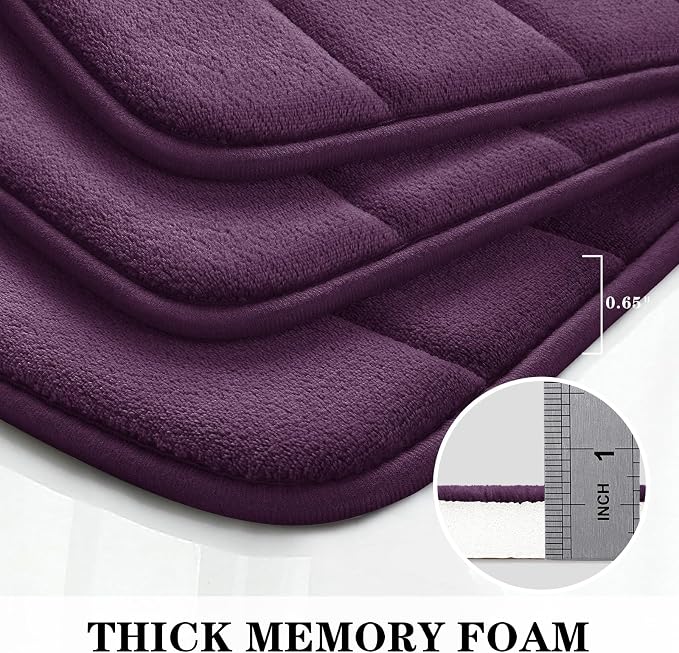 BYSURE Purple Memory Foam Bathroom Rug Set 3 Piece, Non Slip Extra Soft Absorbent Machine Washable Toilet Bath Toilet Mat (17"x24"+20"x32"+U Shape 20"x24")