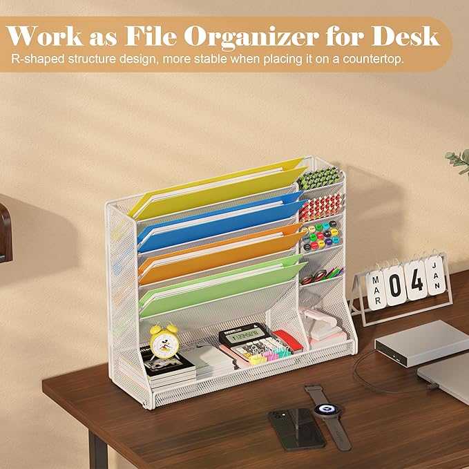 Jakyitvi Wall File Organizer, 5-Tier Hanging Wall File Organizer with R-shaped Bottom Tray, Desk Organizer with 4 Tiers Durable Adjustable Metal & 4 Pen Slots Stable, Wall Organizer for Office, White