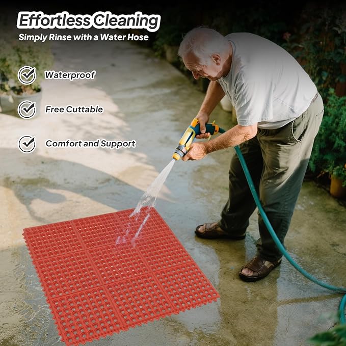 ROVSUN Rubber Floor Mat with Holes, Anti-Fatigue/Non-Slip Drainage Mat, for Industrial Kitchen Restaurant Bar Bathroom Utility Garage Pool Entry Door Mat, Indoor (36''x 36'' Red 1Pcs)