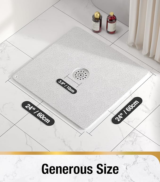 HITSLAM Shower Mat, 24x24 Inch Square Non Slip Bathtub Mat, Soft PVC Loofah Bath Mat for Tub with Hanging Holes, Quick Drying Shower Floor Mat, Without Suction Cups, White