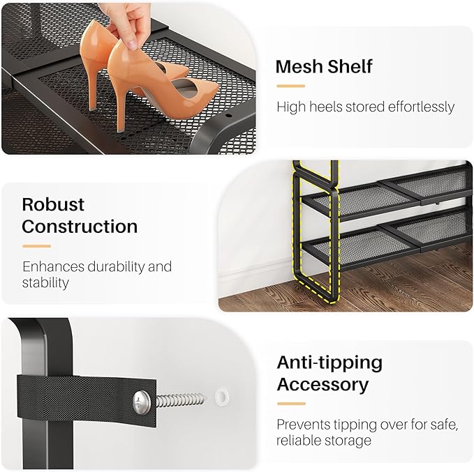 SNTD Shoe Rack - Expandable Shoe Organizer for Closet, Adjustable Metal Shoe Shelf Storage, Stackable Long Shoe Stand Holder for Garage, Entryway, Door Entrance (Black, 6-Tier)