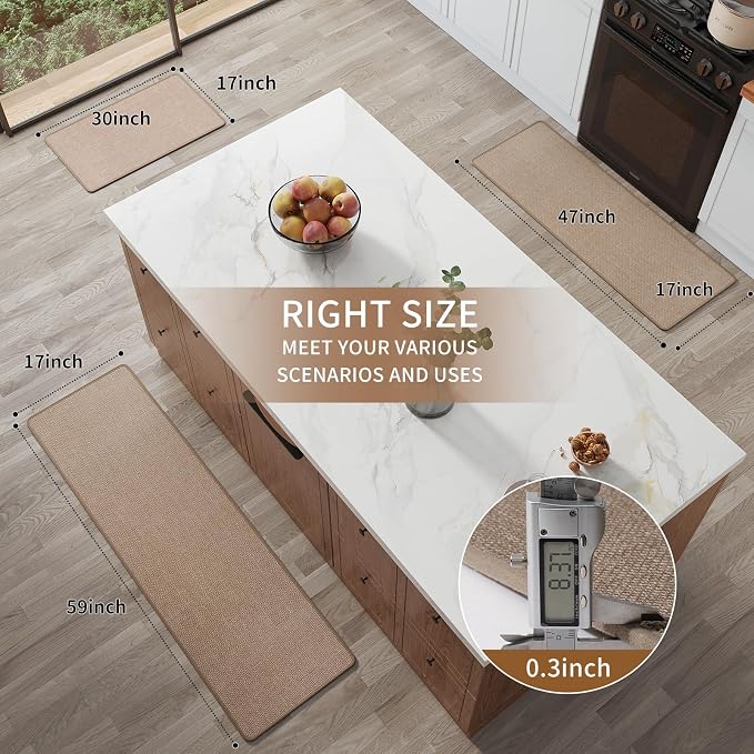 YDKGL Kitchen Rugs Mat Non Slip Washable, Linen-Look 0.3" Thick Soft Cushioned Absorbent Kitchen Mats for Floor, Mild Anti-Fatigue Runner Rug Sink Mat Laundry Standing Mats, Easy Clean, Brown 17"x47"