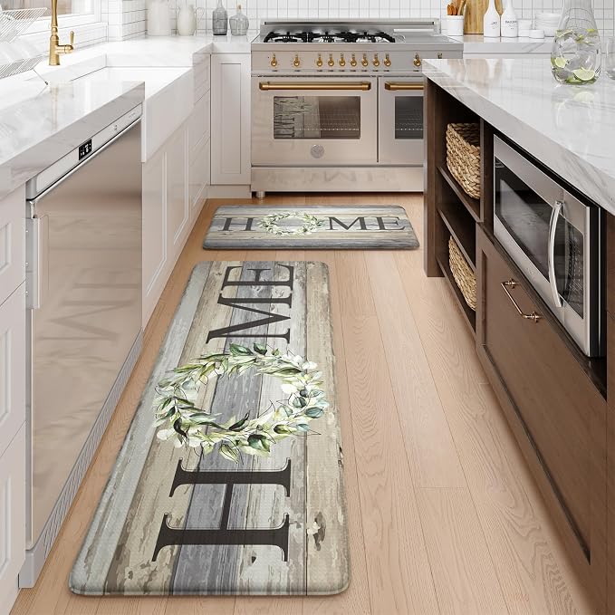 KIMODE Kitchen Mats for Floor 17"x47"+17"x29", Farmhouse Kitchen Rugs Sets of 2, Anti Fatigue Mats for Kitchen Floor, Cushioned Comfort Kitchen Floor Mats for Sink, Laundry, Desk Grey