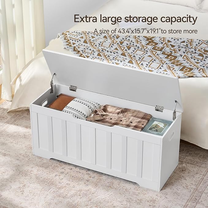 VANKILEY 43.3" Storage Chest Extra Large,Storage Trunk with 2 Safety Hinges,Wooden Storage Bench,Shoe Bench,43.3x15.7x19.1 Inch,Easy Assembly,Storage Bench for Bedroom,Living Room,entryway(White).