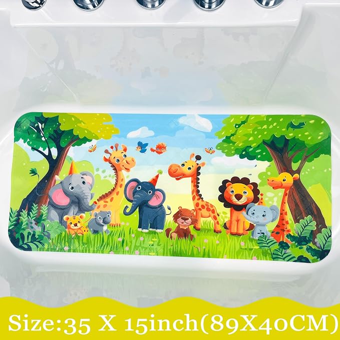 BEEHOMEE Bath Mats for Tub Kids,Baby Toddler - Large Cartoon Non-Slip Bathroom Bathtub Anti-Slip Shower Mats for Floor 35x15,Machine Washable XL Size Bathroom Mats (Jungle Friends)