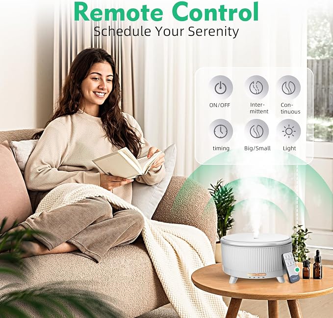 20-Hour Long-Lasting Aromatherapy, 500ML Large Essential Oil Diffuser: Ultrasonic Cool Mist Humidifier with Remote Control, 7 Color Lights, Timer, Auto-Off for Home/Bedroom/Yoga (White)