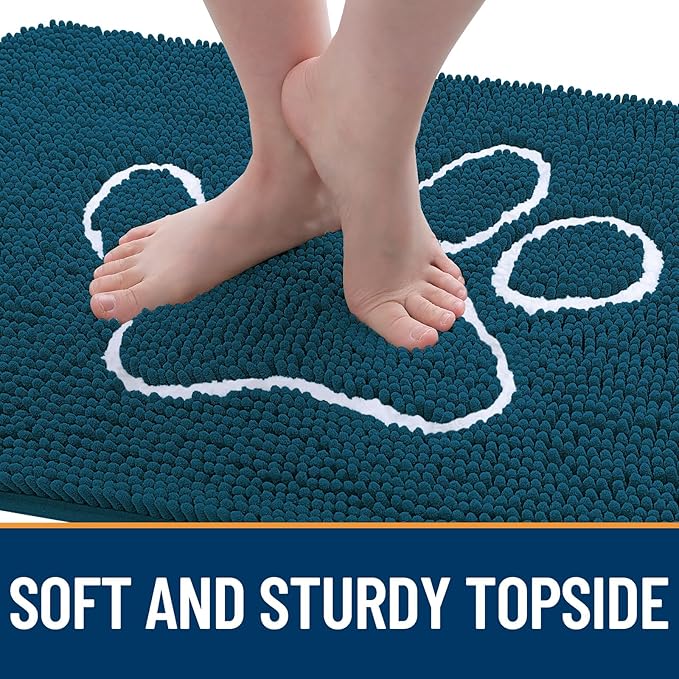 OLANLY Dog Door Mat for Muddy Paws 35x24, Paw Print Design, Absorbs Moisture and Dirt, Absorbent Non-Slip Washable Doormat, Quick Dry Chenille Mud Mat, Entry Indoor Entryway Carpet, Atlantic Blue