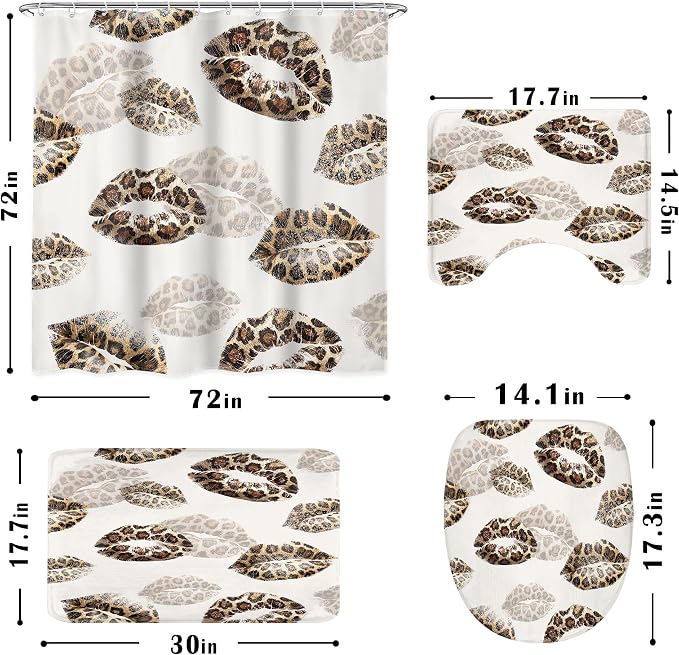 4 PCS Kiss Lips Shower Curtain Set 72Wx72H,Toilet Lid Cover,Non-Slip Rugs and U-Shaped Mat,Wild Cheetah Leopard print Bathroom Sets with Rugs Shower Accessories 12 Hooks for Bathroom Decor
