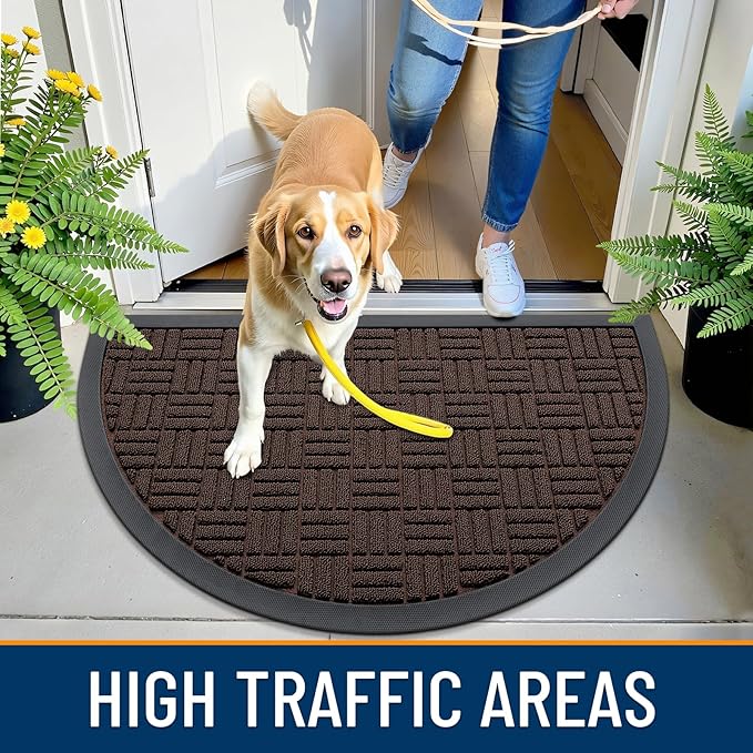 OLANLY Half Circle Door Mat Outside Entrance 29.5x17, Absorbent, Heavy Duty Sturdy Natural Rubber Doormat Indoor Outdoor, Fade Resistant, Non-Slip Backing Low Profile Floor Mat for Entryway, Brown