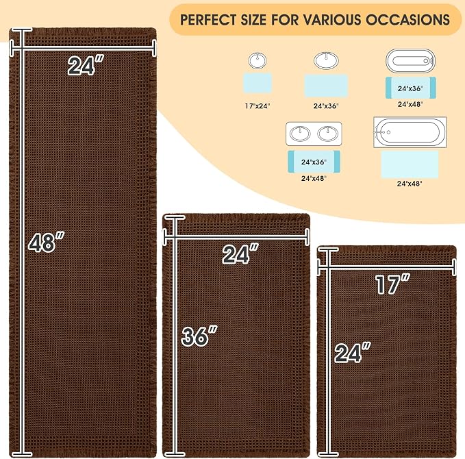 IM HOME Waffle Bath Mat Set 3 Piece, Boho Woven Modern Bath Rug Absorbent Non Slip, Soft Bathroom Mats, Machine Washable Knit Bath Rugs with Border for Bathroom, Bedroom, Kitchen, Shower, Tub, Brown