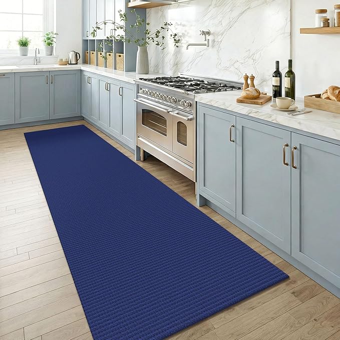 KOZYFLY Cotton Runners for Hallway 3x8, Wide Washable Runner Rug, Woven Non Slip Kitchen Runner, Braided Entryway Rug, Floor Carpet for Foyer, Bedroom, Hall, Royal Blue/Navy