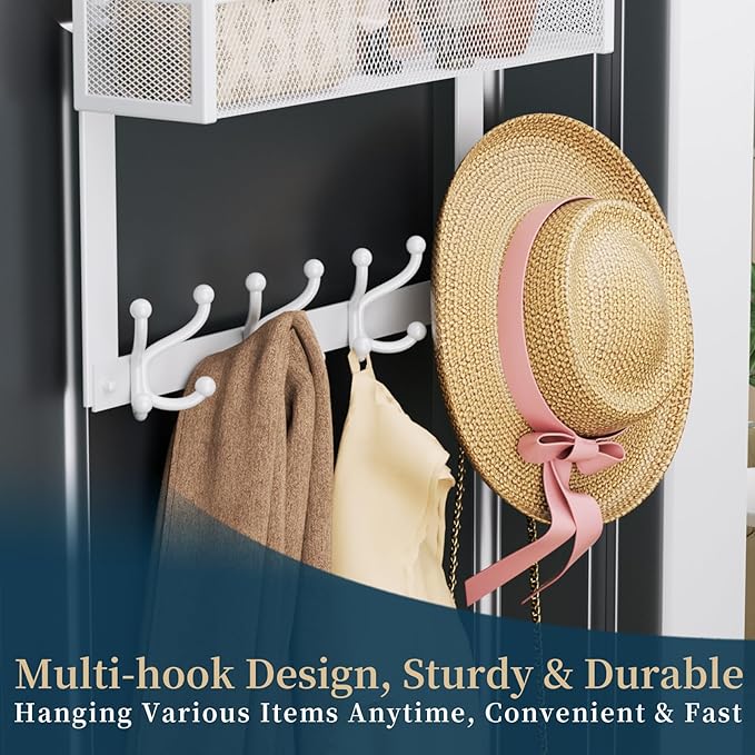 Consumest Over The Door Hooks Organizer - 2 Tier Over Door Hanger with 16 Hooks & 2 Baskets for Hanging Coat, Clothing, Towel, Back Storage for Bathroom, Closet, College Dorm, White