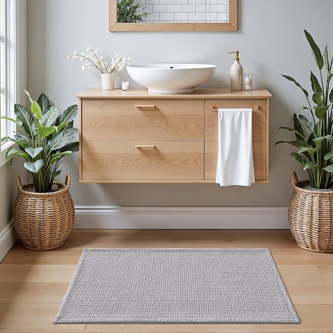 DEXI Bathroom Rugs 43x24, Non Slip Washable Bath Mat, Absorbent Chenille Bathmat, Ultra Soft Thick Carpet for Tub Shower Floor, Light Grey