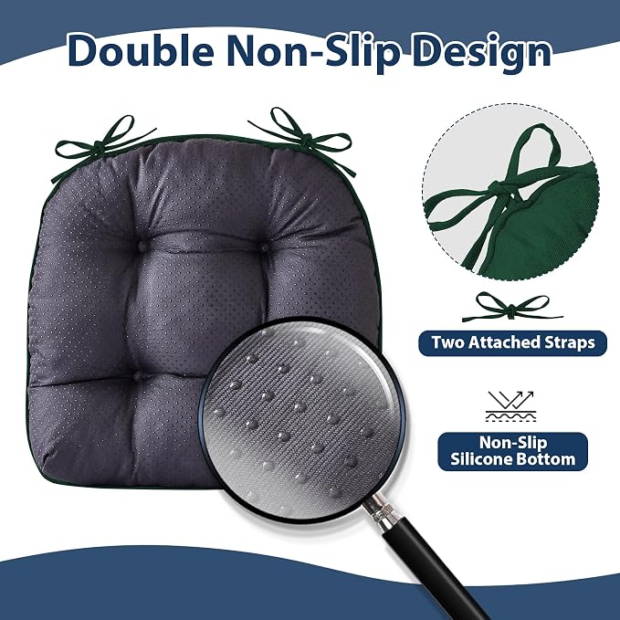 IASEAHK Chair Cushions for Dining Chairs, Seat Cushions for Kitchen Chairs, Indoor Seat Cushions with Ties, Tufted Foam Chair Pads, Non Slip Chair Cushions Set of 6, 15.5" x 15.5" x 4", Dark Green