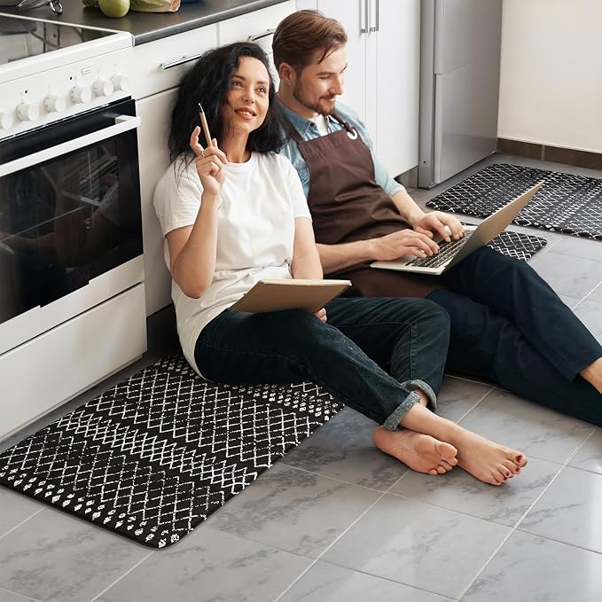 KIMODE Kitchen Mats Cushioned Anti Fatigue, Black Farmhouse Kitchen Rugs Sets of 2, Padded Kitchen Floor Mats, Non Slip Standing Mats for Sink Laundry Office Desk 17"x59"+17"x29"
