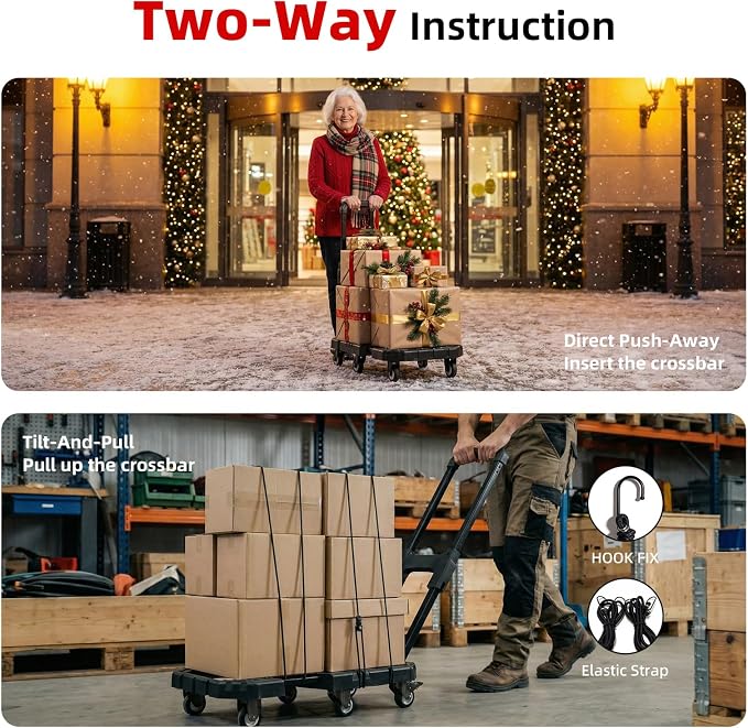 Hand Truck 550Lbs, Folding Dolly Cart with 6 Wheels-Compact/Heavy-Duty, Portable Rolling Utility Cart for Moving Shopping Travel Vendor Booth, Carrito para Cargar Cosas Con Ruedas with 2 Bungee Cords