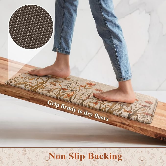KIMODE Fall Kitchen Mats Cushioned Anti Fatigue, Orange Farmhouse Kitchen Rugs Sets of 2, Non Slip Kitchen Mats for Floor, Padded Kitchen Floor Mats for Sink Laundry Office Desk 17"x47"+17"x29"