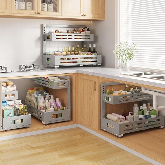 2 Pack 21IN-Depth Under Sink Organizer,Pull Out Cabinet Organizer With Smooth Cylindrical Rail,Metal Slide Out Drawer for Kitchen Bathroom Laundry,8-Level Tool Free Height Adjustable-Gun Gray