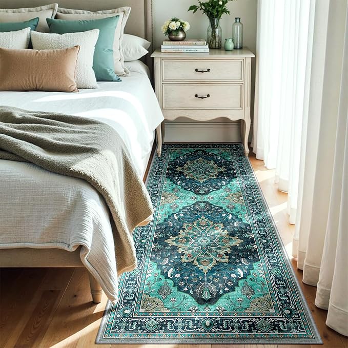 RELEANY Area Rugs Runner 3'x8' Washable Non-Slip, Floral Vintage Distress Medallion Carpet for Kitchen Hallway Bedroom Beside Laundry Room Bathroom, Teal Green Lake Blue Turquoise