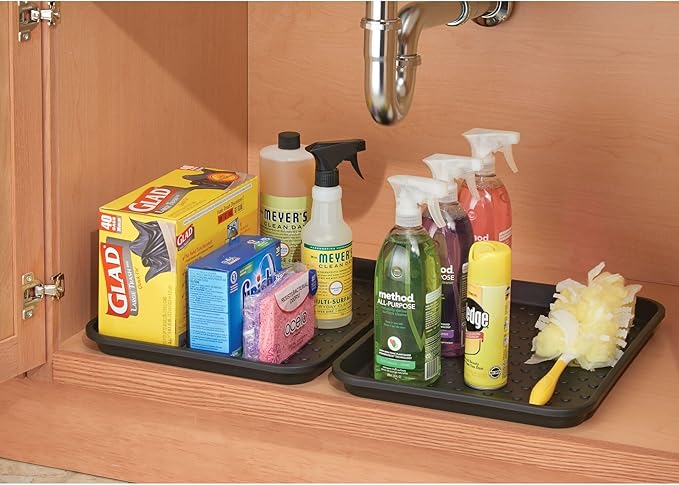 iDesign Plastic Under Sink Mat Tray for Kitchen Cabinet, Bathroom, Entryways, Office, Mudroom, College Dorm, (Set of 2), 17" X 13" X 2", Black