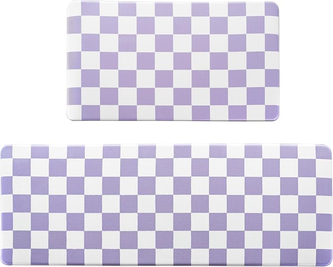 Purple Checkered Grid Checkerboard Kitchen Rug Sets [2 PCs], Anti-Fatigue, Waterproof Non-Slip Kitchen Mats Heavy Duty Ergonomic Comfort Foam Rug for Floor, Home, Laundry,17"x29"+17"x47"