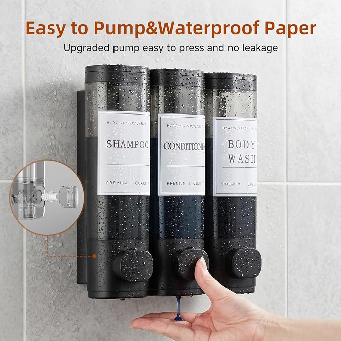 Shampoo and Conditioner Dispenser,Shower Soap Dispenser 3 Chamber No Drill Wall-Mounted Shampoo Dispenser for Shower Wall Mounted Shower Dispenser for Bathroom Hotel Large Capacity,Matte Black