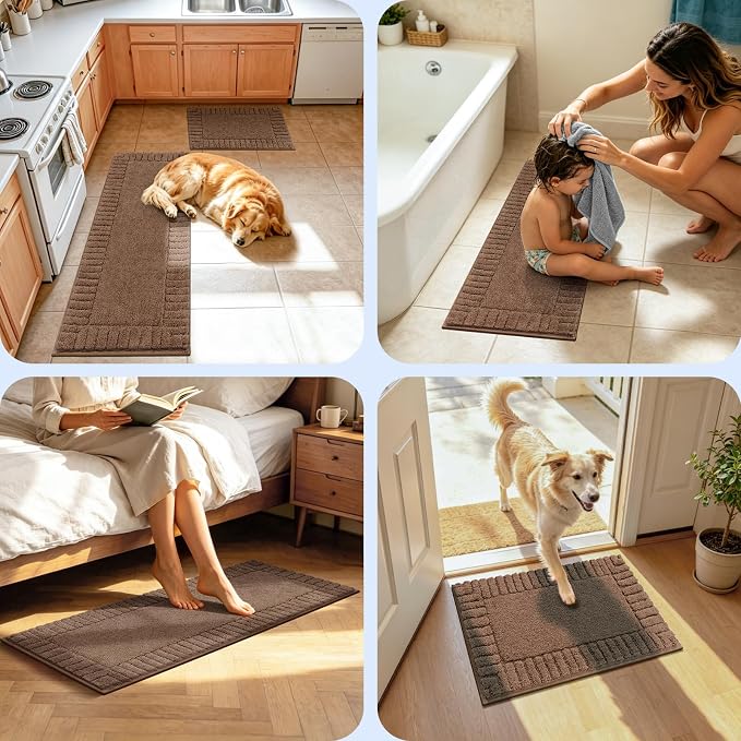 Pauwer Bathroom Rugs Sets 3 Piece Non Slip Machine Washable Bathroom Shower Rugs with U-Shaped Contour Toilet Mat Plush Shaggy Absorbent Microfiber Bath Mat Set, Dark Brown