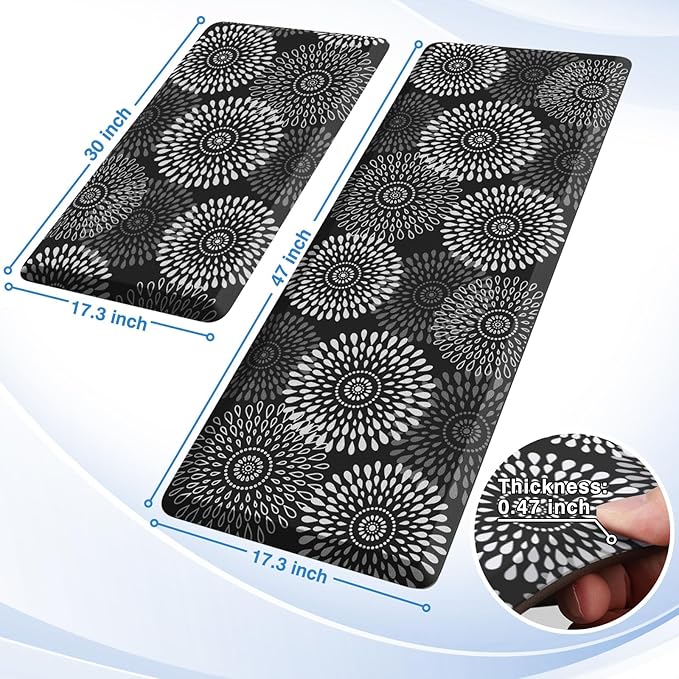 LuxStep Kitchen Mats for Floor,0.47 inch Thicker Cushioned Rug Anti-Fatigue Mats for Kitchen Decor Accessories,Waterproof Non-Slip Mats and Rugs Set for Office,Laundry 17.3"×29"+17.3"×47",Black