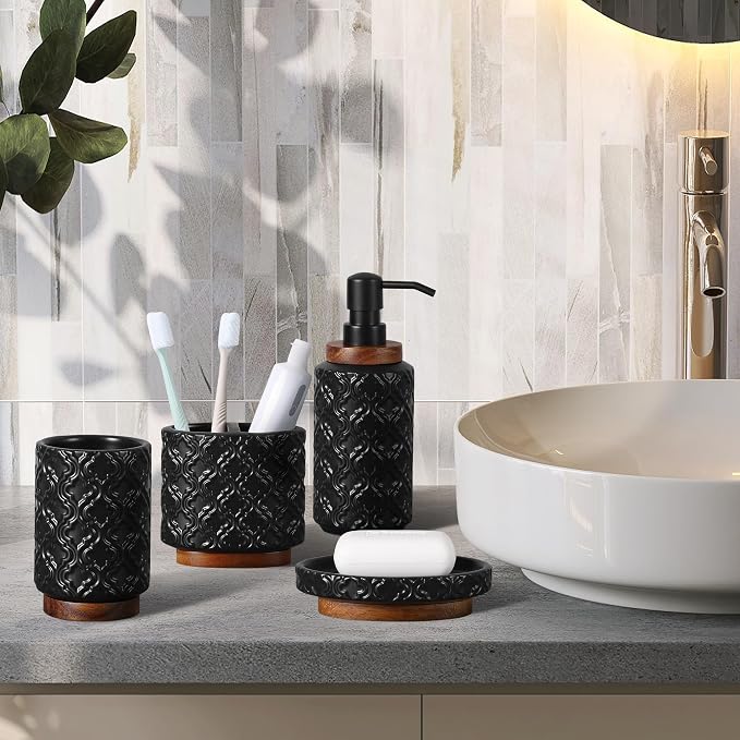 RQYIXI Elegant 4 PCS Ceramic&Wood Bathroom Accessories Set:Soap Dispenser,Toothbrush Holder,Tumbler,Soap Dish,Easy to Clean,Quatrefoil Pattern,Black-Affordable Luxury for Home Decor Enthusiasts