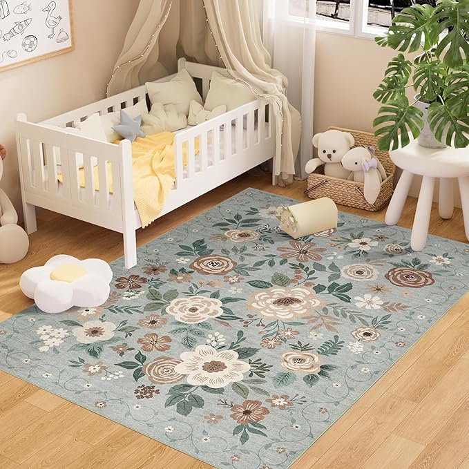 DUKINO 3x5 Area Rug, Floral Rugs for Living Room, Lightweight Non Slip Washable Rug, Indoor Low Pile & Non-Shedding Boho Design Rugs for Bedroom, Living Room, Dining Room, Sage Green