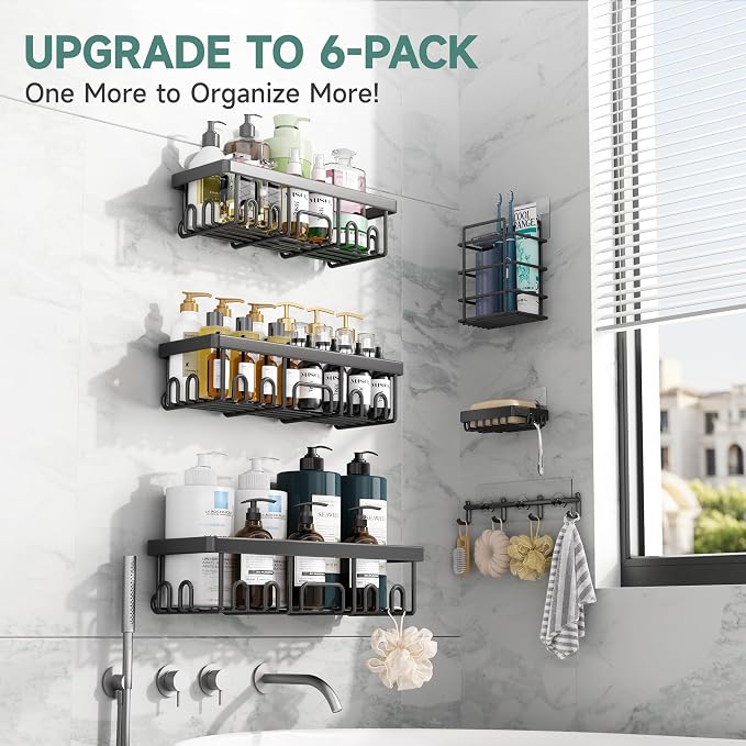 Veken Shower Caddy 6-Pack, Advanced Rustproof Design, No Drilling Adhesive Shelves, Rack with Soap Holder, Large Capacity Bathroom Organizers and Storage, Wall-Mounted Kitchen & Home Decor, Black