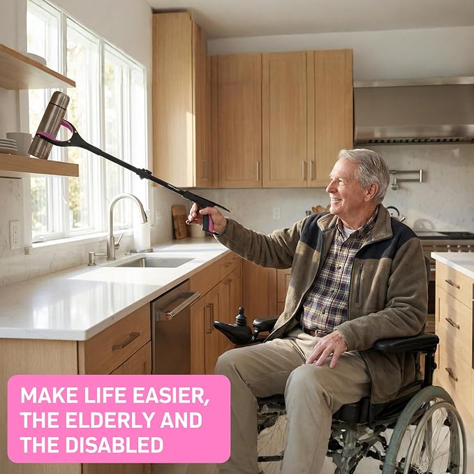 32 inch GrabRunner Folding Reacher Grabber Tool with Shoehorn,360° Rotating Head Grabber Tool with Strong Magnetic,Grabbers for Seniors (Pink)