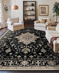 RELEANY Area Rugs Large 10'x14' Washable Non-Slip, Floral Vintage Distress Medallion Carpet for Living Room Bedroom Dining Room, Black Brown Neutral Dark Tan