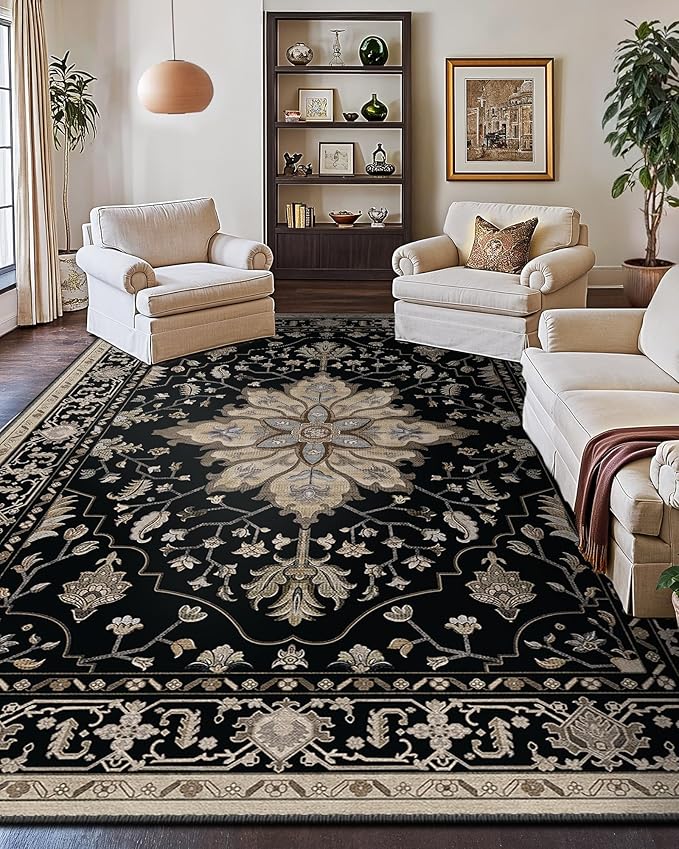 RELEANY Area Rugs Large 10'x14' Washable Non-Slip, Floral Vintage Distress Medallion Carpet for Living Room Bedroom Dining Room, Black Brown Neutral Dark Tan