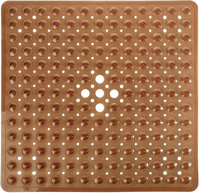 Yimobra Shower Mat 21X21 Inch Square, Non Slip Bathtub Mat with Large Suction Cups&Drain Holes, Fast Dry Shower Stall Mats for Inside Shower, Machine Washable BPA-Free, Bath Essentials,Clear Brown