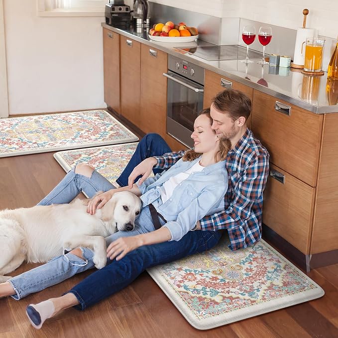 KIMODE Kitchen Mats for Floor, 17"x47"+17"x29" Boho Vintage Kitchen Rugs 2 PCS, Cushioned Anti Fatigue Mats for Kitchen Floor, Non-Slip Kitchen Floor Mats, Sink, Laundry, Office, Desk Pink