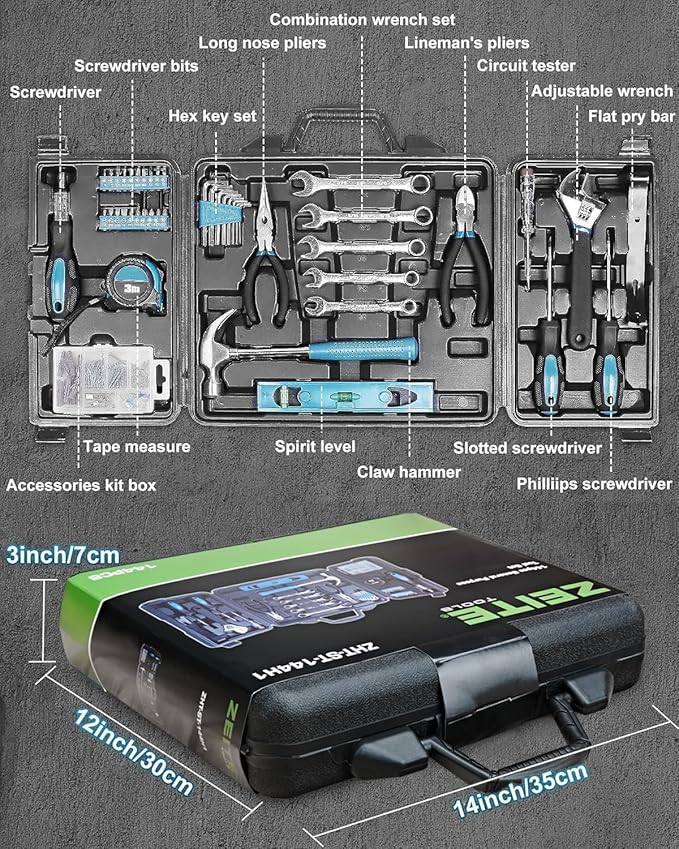 Zeite Tool Kit for Home, 144 Piece Hand Tool Set with Storage Box, General Basic Repair Tool Set with Hammer, Pliers, Wrenches, Voltage Tester, Measure Tape, Screwdriver Bits