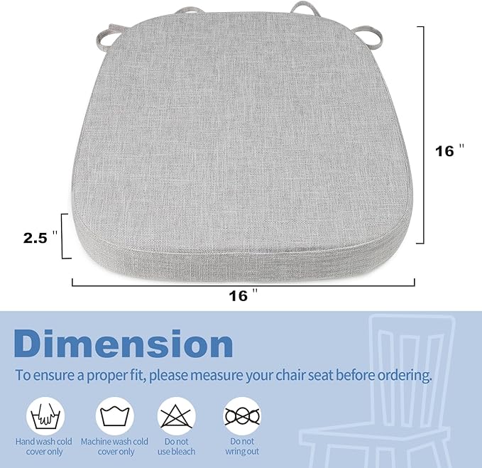 BUYUE Thickened 2.5" Dining Chair Cushions Set of 4, U-Shape High Density Foam Comfortable Chair Pads for Kitchen, Slip Resistant Indoor Seat Cushions (4 PCS, Light Gray)
