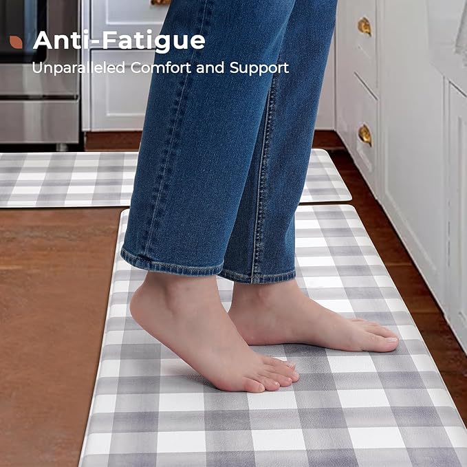 FRESHMINT Modern Farmhouse Plaid 2 Piece Set Kitchen Mats for Floor Anti Fatigue Waterproof & Non-Skid Kitchen Rugs Cushioned Kitchen Mat for Standing Washable Comfort Desk Kitchen Runners