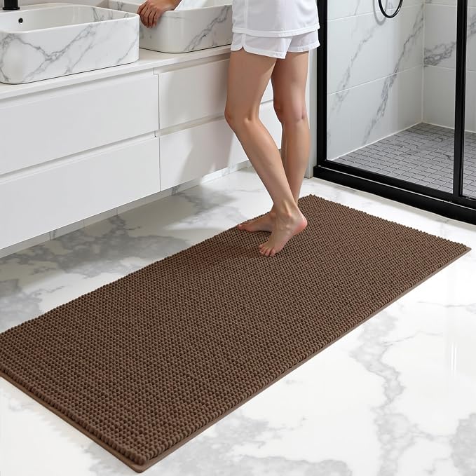 SUBRTEX Bathroom Rugs, 24" x 55" Chenille Bath Rug Soft Short Plush Bath Mat Soft Shower Mat Water Absorbent Shower Mat Quick Dry Machine Washable, Brown